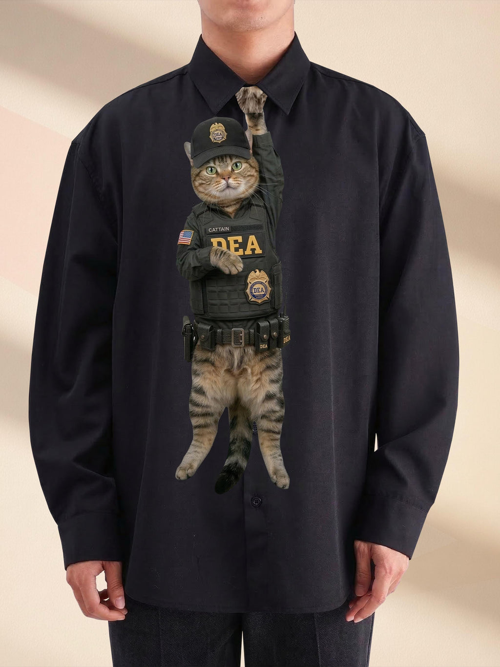 Novelty necktie featuring a tabby cat dressed as a DEA agent, wearing a tactical vest with 'DEA' lettering, a badge, and a matching cap