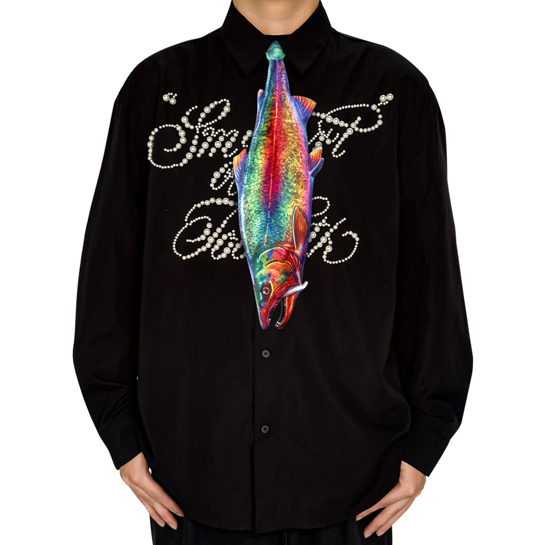 Novelty necktie featuring a realistic, detailed illustration of a fish with vibrant rainbow-colored scales and a distinct design, a unique and eye-catching fashion accessory for aquatic life enthusiasts