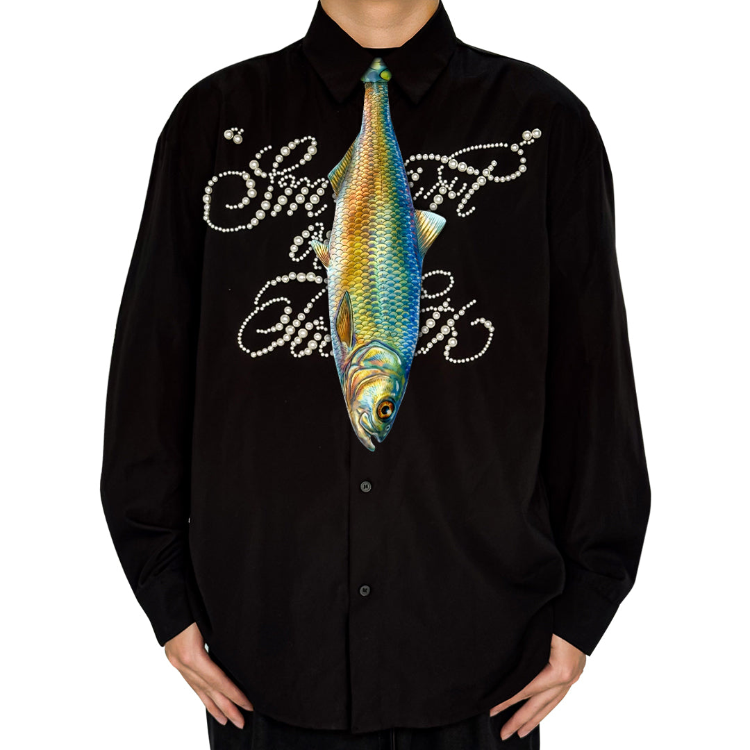 Novelty necktie featuring a realistic, detailed illustration of a fish with vibrant, iridescent gold and blue scales, a unique and eye-catching fashion accessory for aquatic life enthusiasts