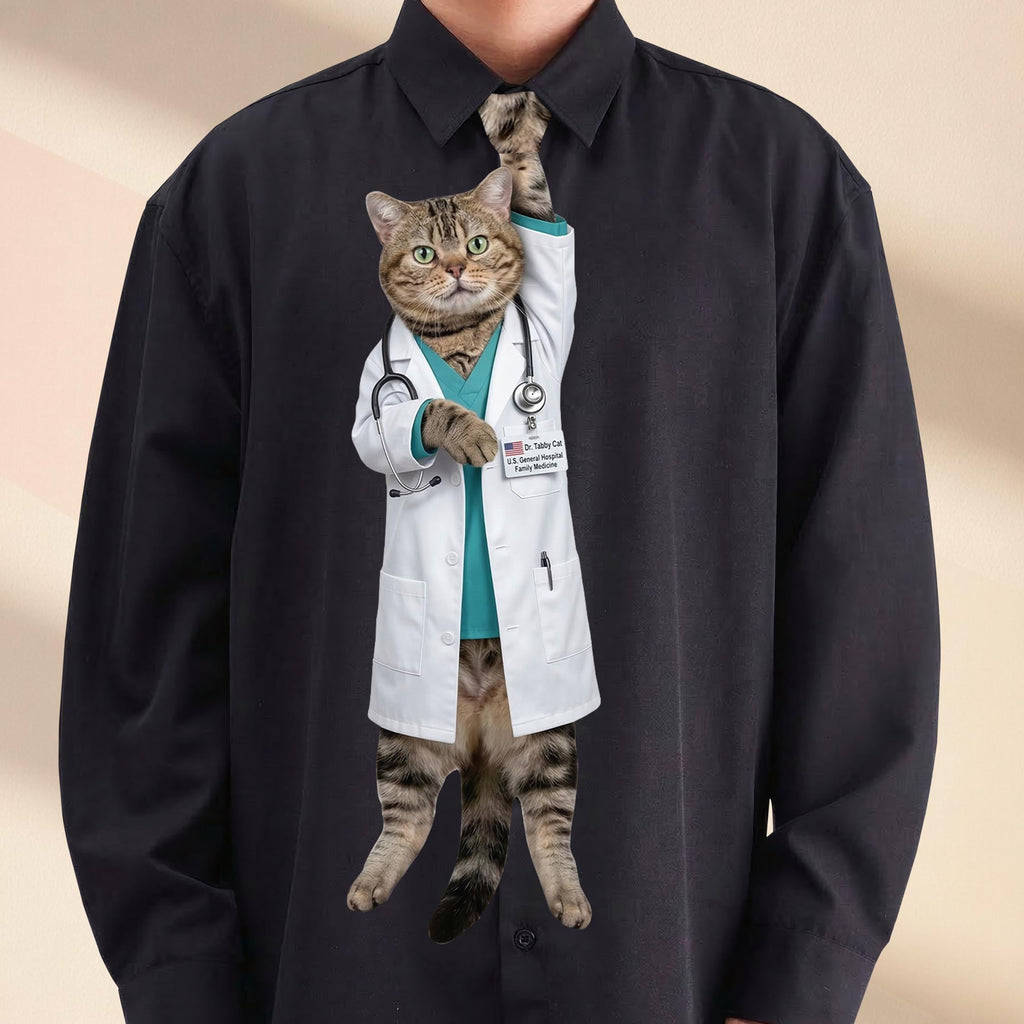 Novelty necktie featuring a tabby cat dressed as a doctor, wearing a white lab coat, teal scrubs, and a stethoscope around its neck