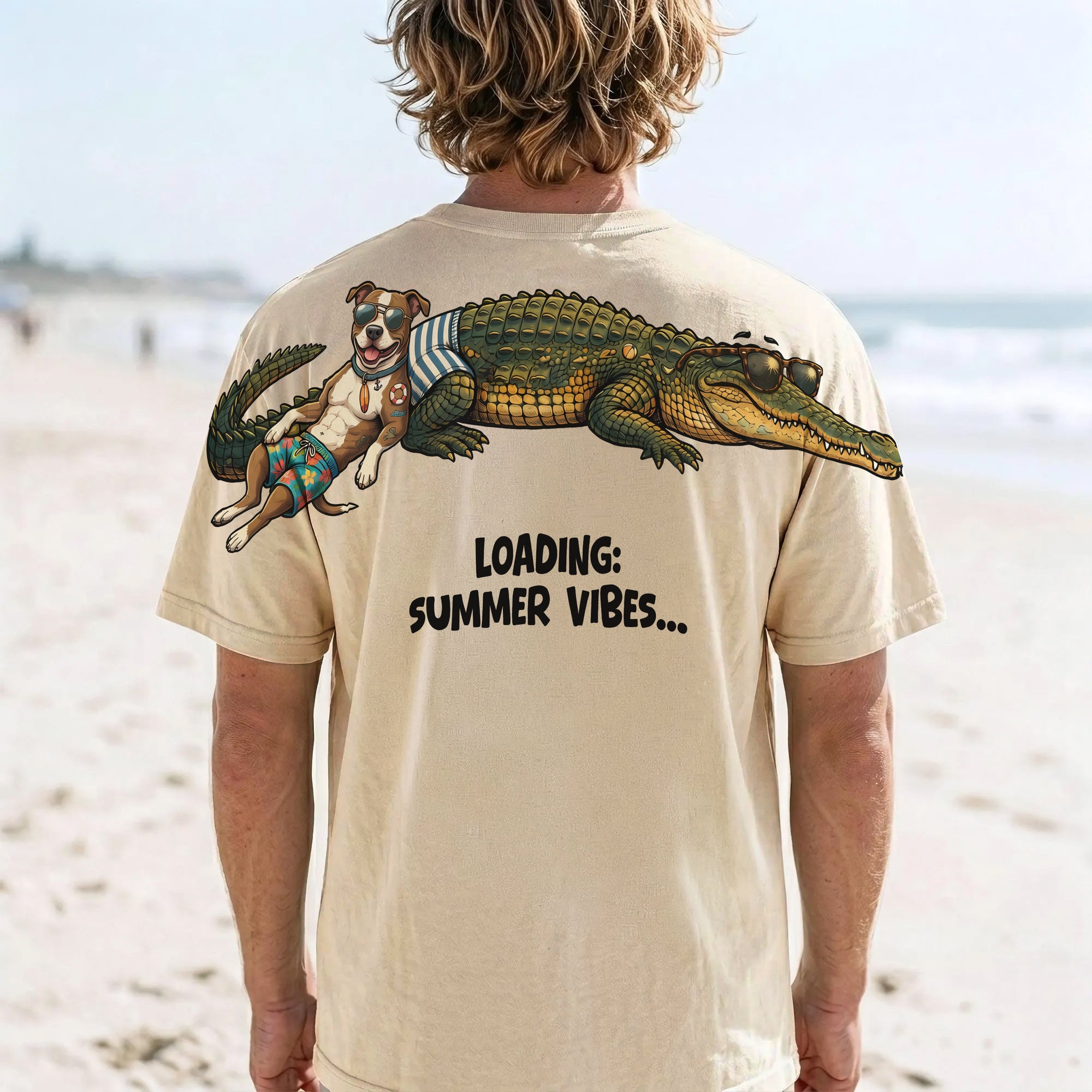 Dog Loading Summer Vibes graphic tee funny by Dripvity, unisex oversized white t-shirt with dog on crocodile and summer vibes text