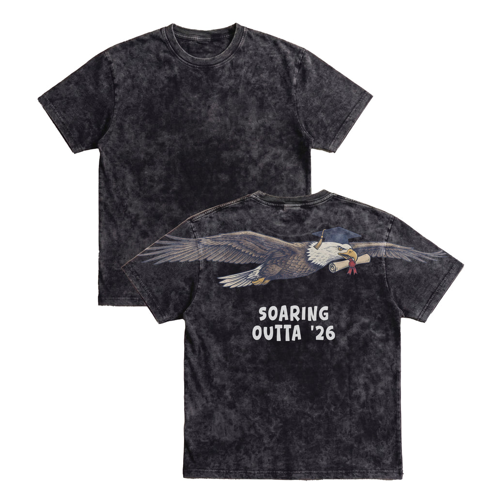 Eagle Soaring Outta 26 graduation graphic tee by Dripvity, unisex oversized white t-shirt with flying bald eagle in graduation cap and diploma
