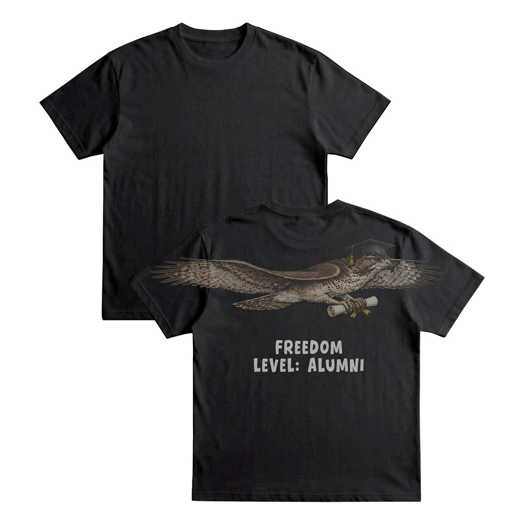 Eagle Soaring Outta 26 graduation graphic tee by Dripvity, unisex oversized white t-shirt with flying bald eagle in graduation cap and diploma