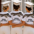 Eagle Soaring Outta 26 graduation graphic tee by Dripvity, unisex oversized white t-shirt with flying bald eagle in graduation cap and diploma