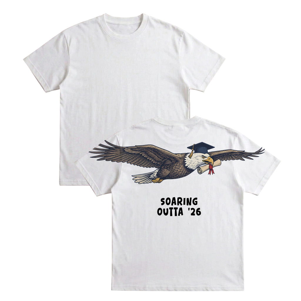 Eagle Soaring Outta 26 graduation graphic tee by Dripvity, unisex oversized white t-shirt with flying bald eagle in graduation cap and diploma