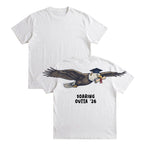 Eagle Soaring Outta 26 graduation graphic tee by Dripvity, unisex oversized white t-shirt with flying bald eagle in graduation cap and diploma