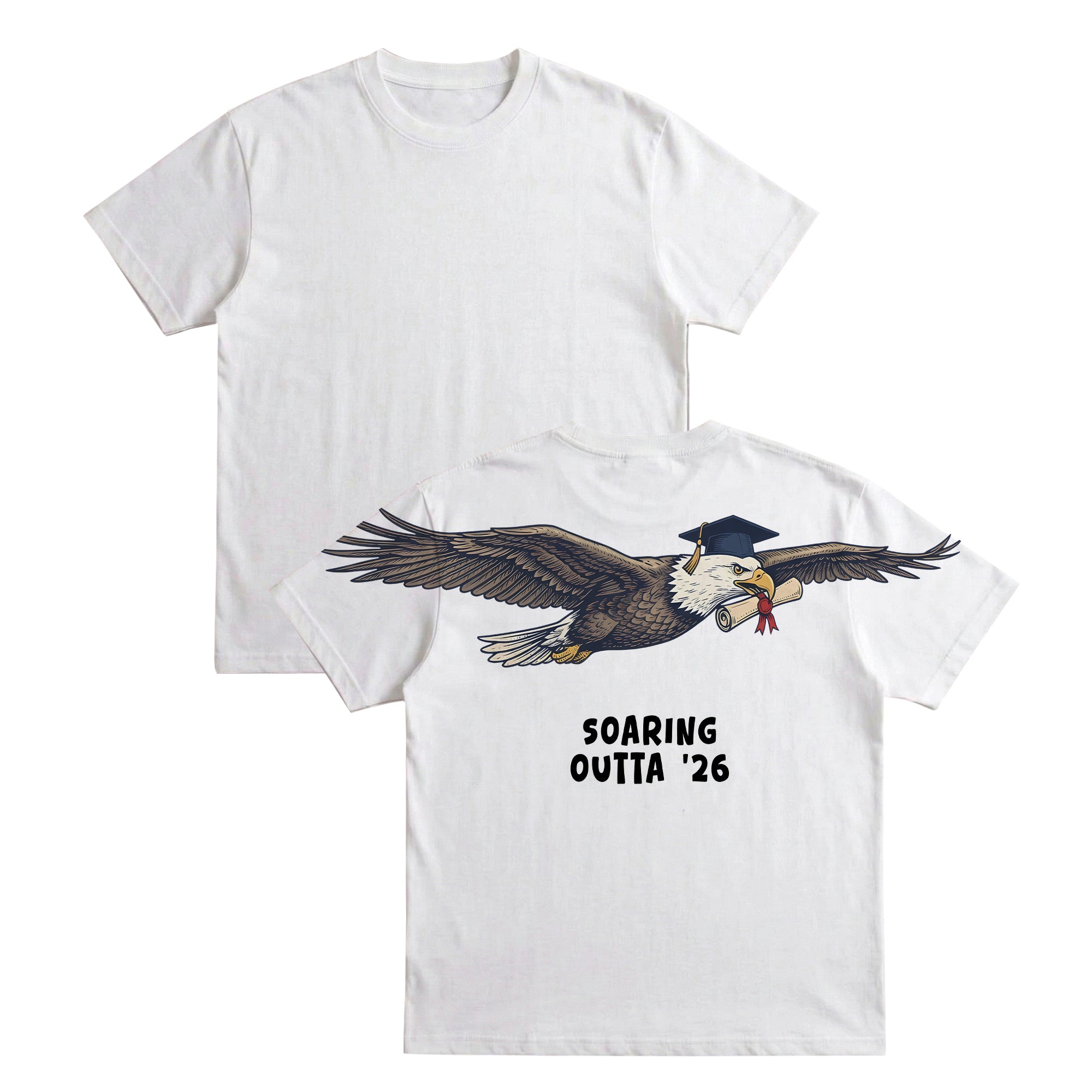 Eagle Soaring Outta 26 graduation graphic tee by Dripvity, unisex oversized white t-shirt with flying bald eagle in graduation cap and diploma