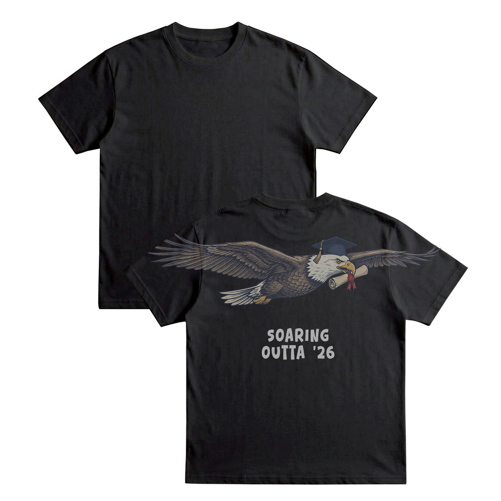 Eagle Soaring Outta 26 graduation graphic tee by Dripvity, unisex oversized white t-shirt with flying bald eagle in graduation cap and diploma