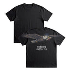 Eagle Soaring Outta 26 graduation graphic tee by Dripvity, unisex oversized white t-shirt with flying bald eagle in graduation cap and diploma