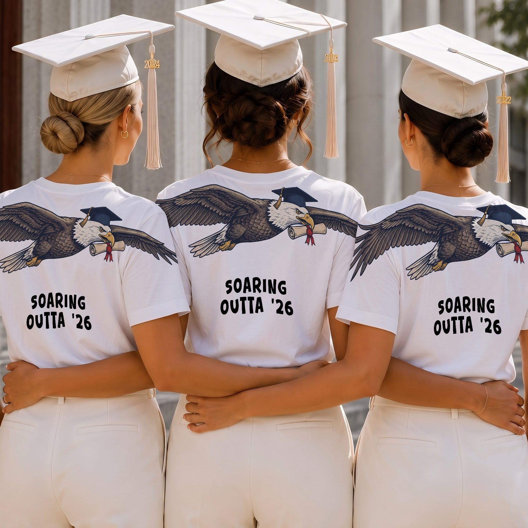 Eagle Soaring Outta 26 graduation graphic tee by Dripvity, unisex oversized white t-shirt with flying bald eagle in graduation cap and diploma