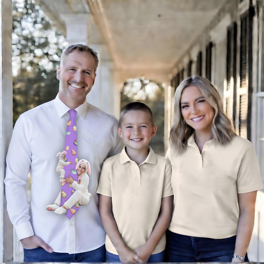 Custom novelty purple necktie featuring a collage of a woman and children wearing Easter bunny costumes, decorated with colorful Easter eggs