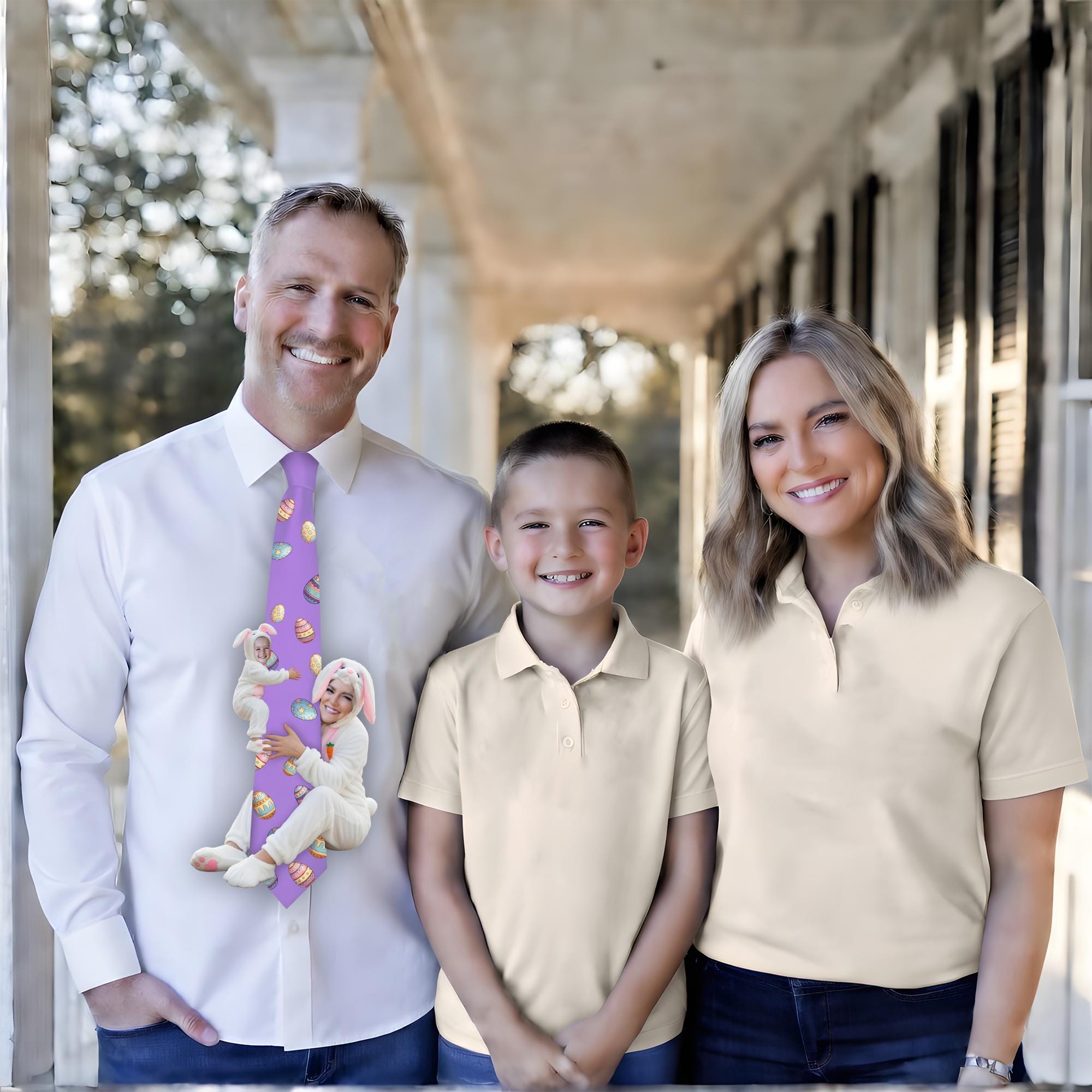 Custom novelty purple necktie featuring a collage of a woman and children wearing Easter bunny costumes, decorated with colorful Easter eggs