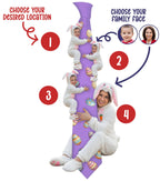 Custom novelty purple necktie featuring a collage of a woman and children wearing Easter bunny costumes, decorated with colorful Easter eggs