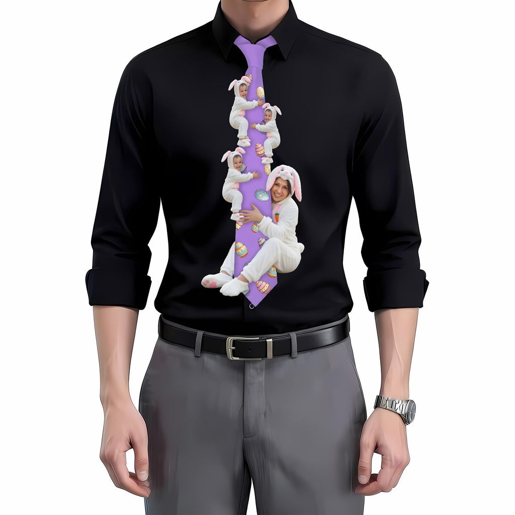 Custom novelty purple necktie featuring a collage of a woman and children wearing Easter bunny costumes, decorated with colorful Easter eggs