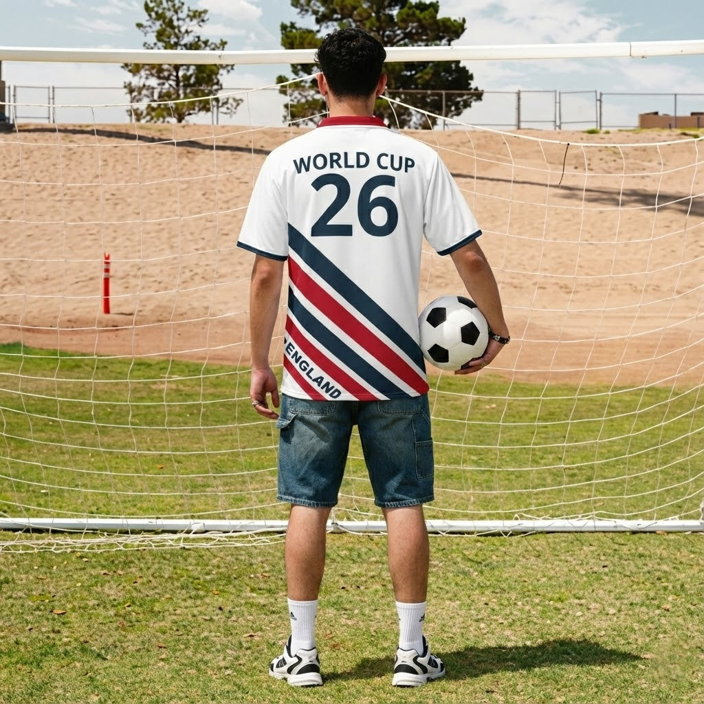 England 2026 striped football jersey graphic tee by Dripvity, unisex oversized white t-shirt with red blue stripes and England crest