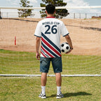 England 2026 striped football jersey graphic tee by Dripvity, unisex oversized white t-shirt with red blue stripes and England crest