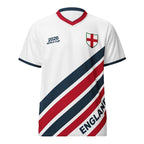 England 2026 striped football jersey graphic tee by Dripvity, unisex oversized white t-shirt with red blue stripes and England crest