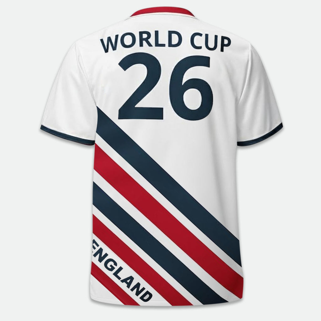 England 2026 striped football jersey graphic tee by Dripvity, unisex oversized white t-shirt with red blue stripes and England crest