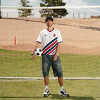 England 2026 striped football jersey graphic tee by Dripvity, unisex oversized white t-shirt with red blue stripes and England crest