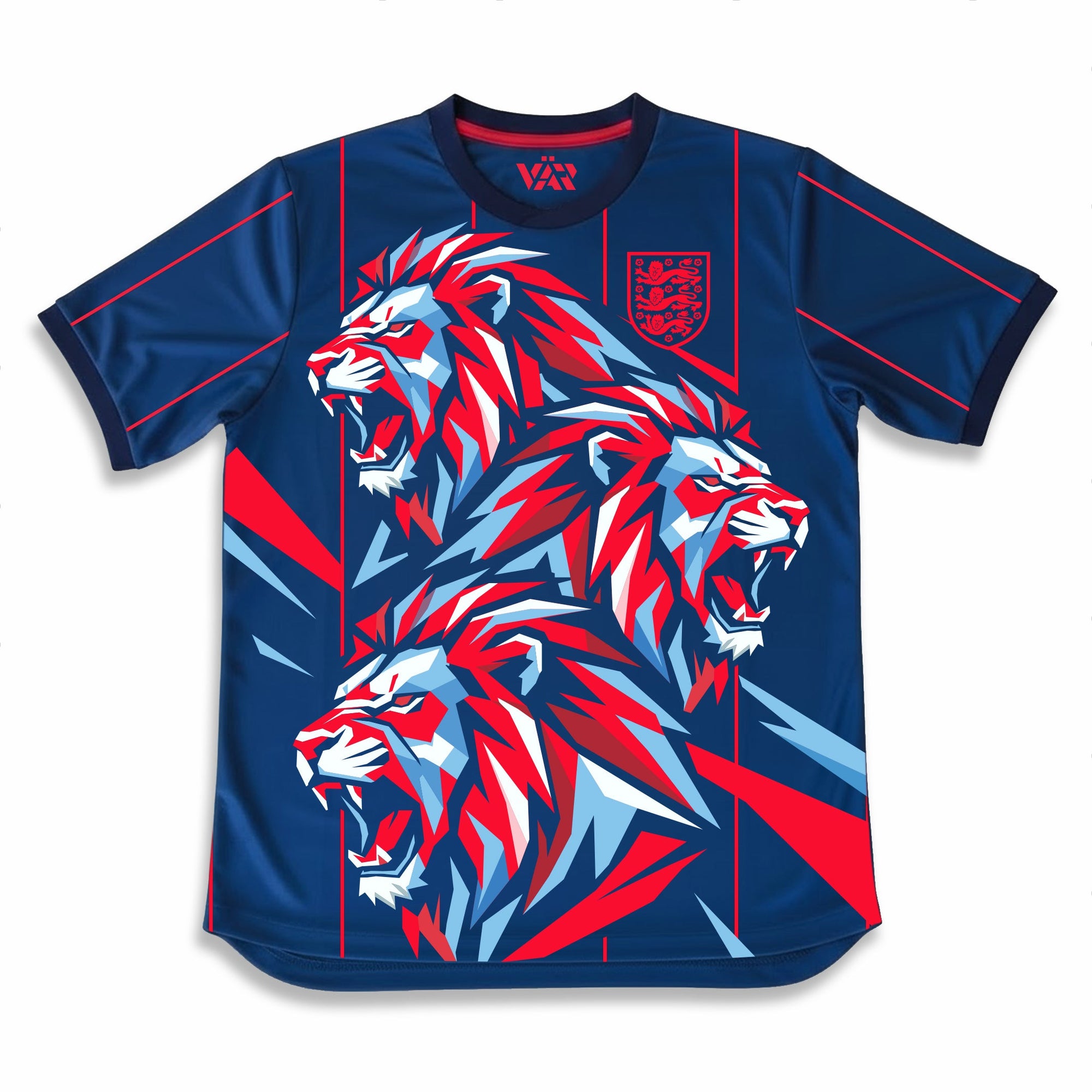 England roaring lion graphic jersey blue by Dripvity, unisex oversized streetwear t-shirt with fierce lion design and England crest