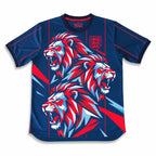 England roaring lion graphic jersey blue by Dripvity, unisex oversized streetwear t-shirt with fierce lion design and England crest