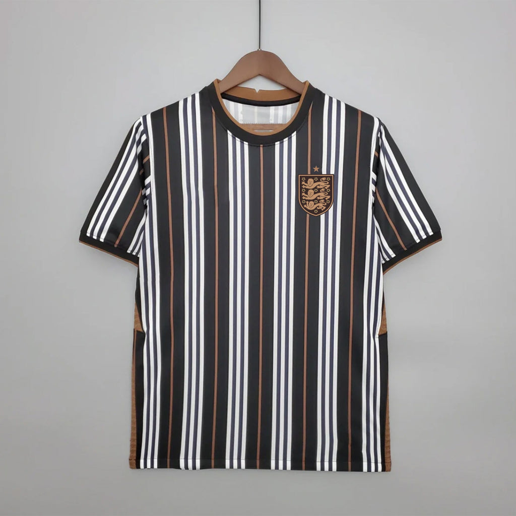 England Three Lions striped football jersey graphic tee by Dripvity, unisex oversized black and white streetwear t-shirt with iconic England crest