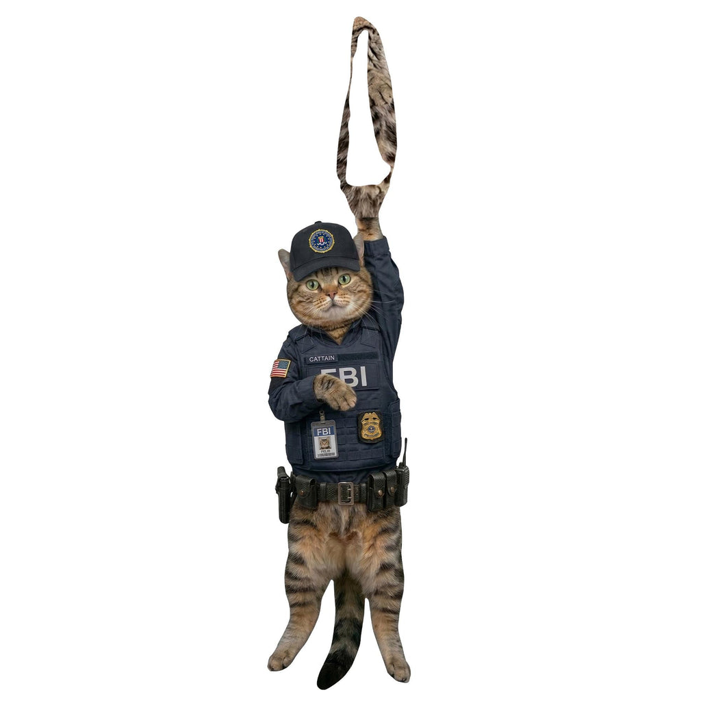 Novelty necktie featuring a tabby cat dressed as an FBI agent, wearing a tactical vest, badge, and an FBI cap