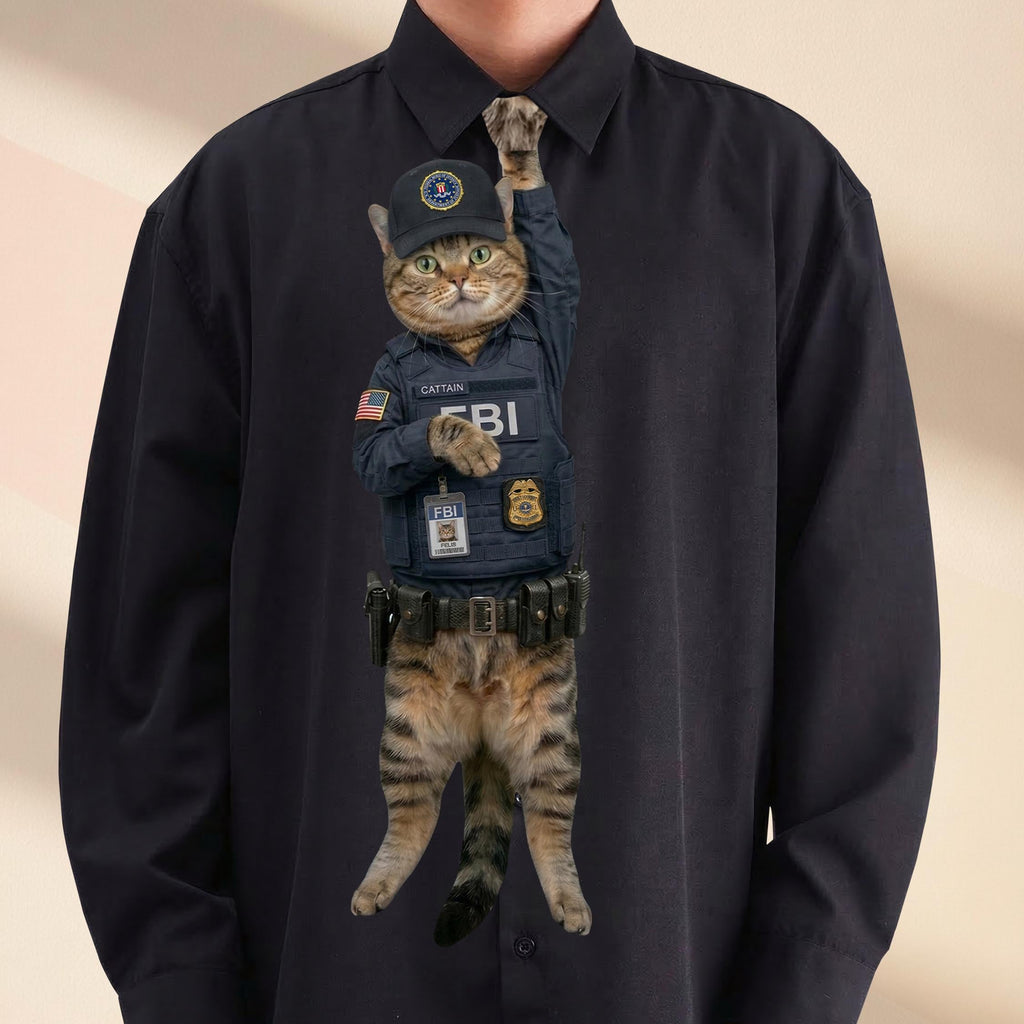 Novelty necktie featuring a tabby cat dressed as an FBI agent, wearing a tactical vest, badge, and an FBI cap