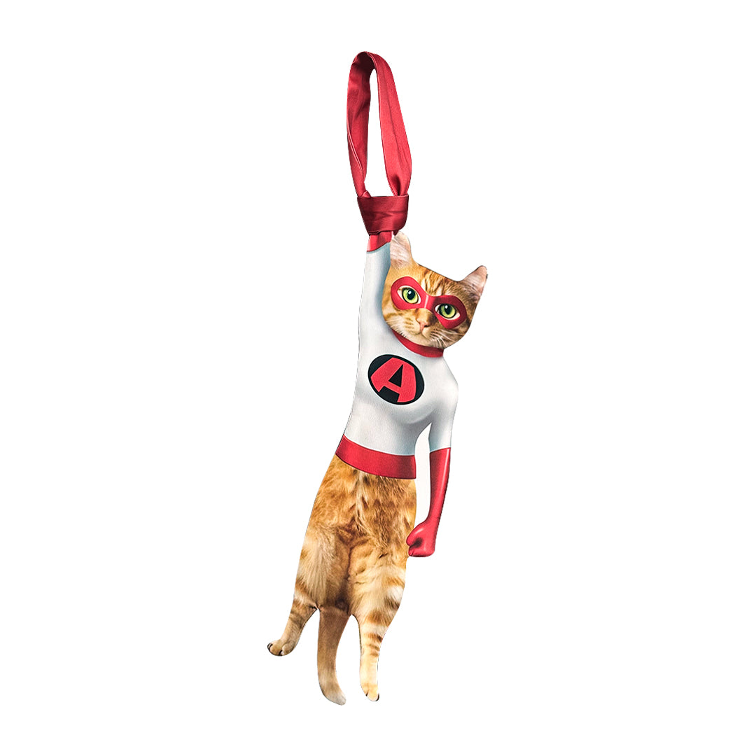 Novelty necktie featuring a realistic hanging orange tabby cat dressed in blue and white superhero costumes, a fun and unique fashion accessory.