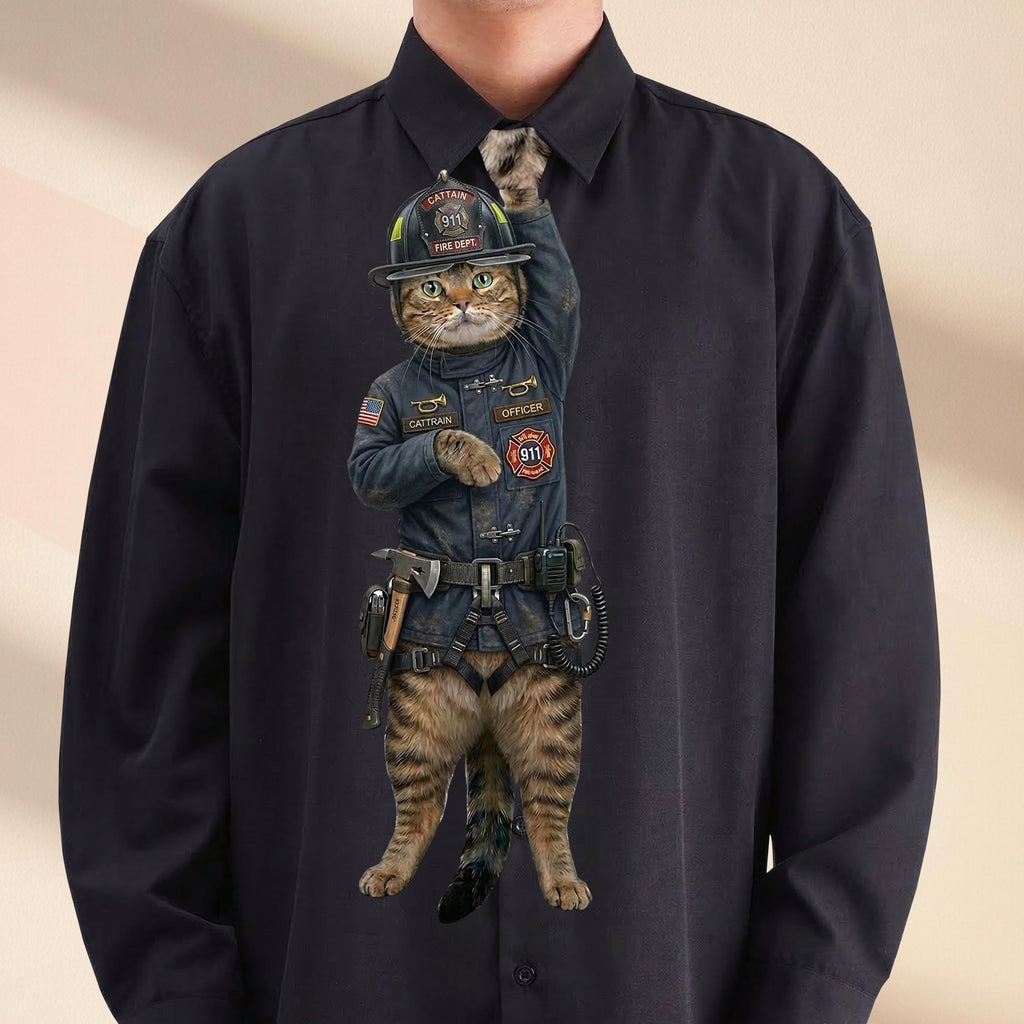 Novelty necktie featuring a tabby cat dressed as a fire department officer in a dark blue uniform, wearing a helmet labeled '911 Fire Dept' and equipped with a duty belt and radio