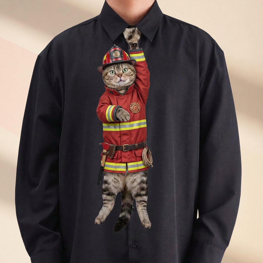 Novelty necktie featuring a tabby cat dressed as a firefighter in a traditional red turnout gear, including a matching helmet and equipment belt