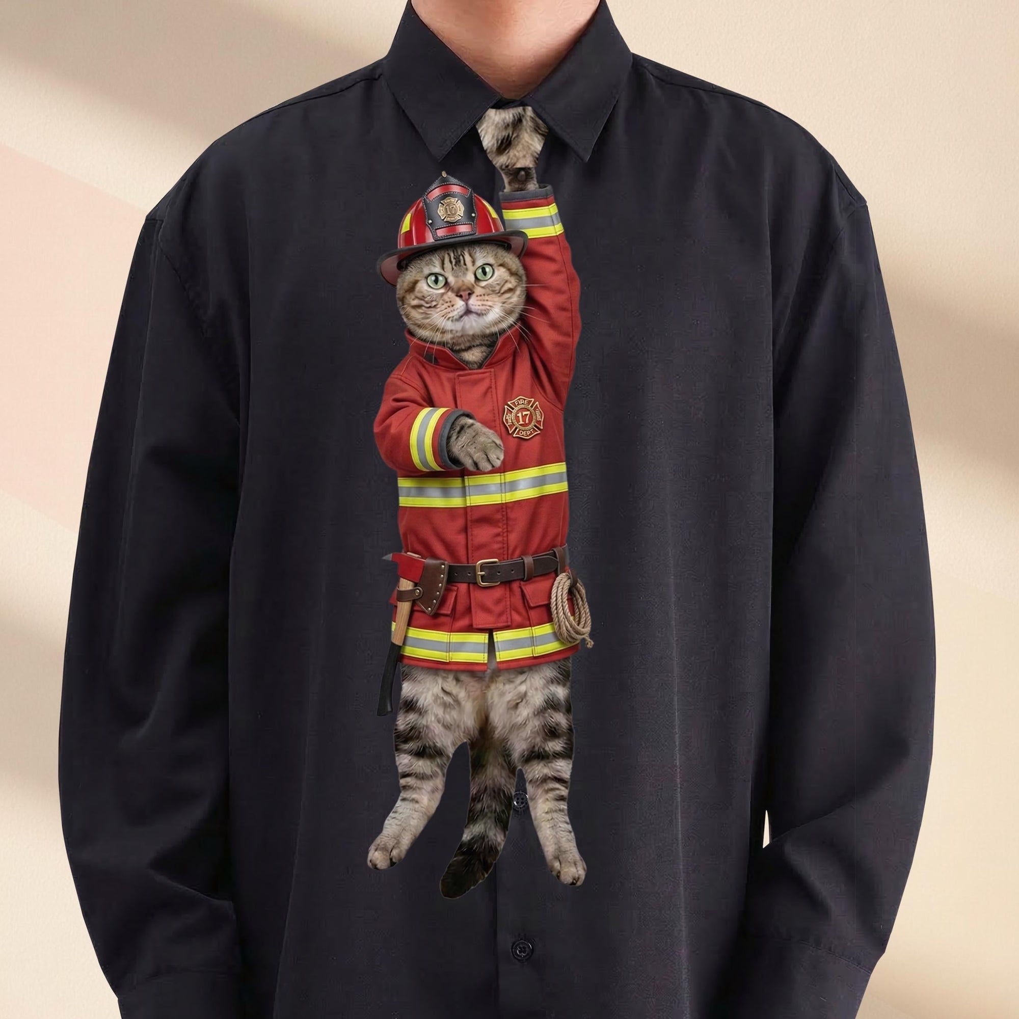 Novelty necktie featuring a tabby cat dressed as a firefighter in a traditional red turnout gear, including a matching helmet and equipment belt