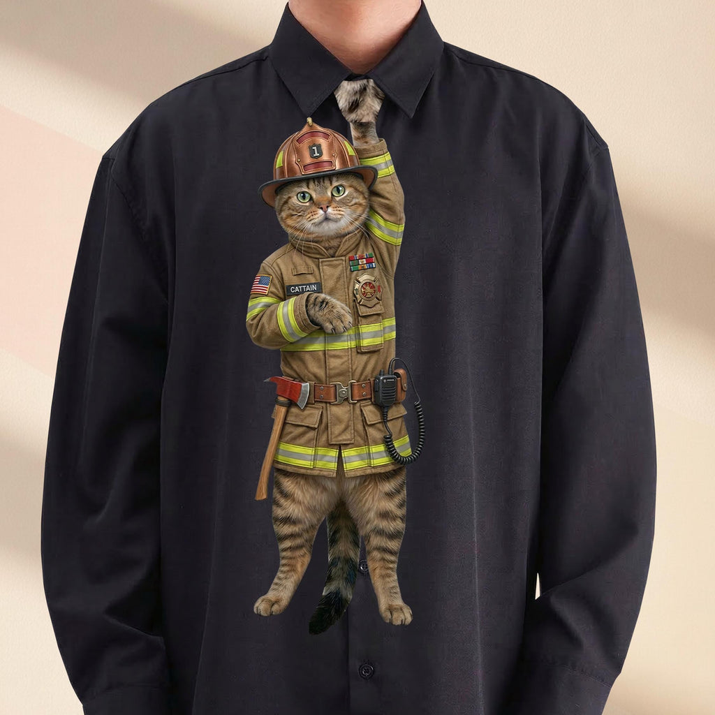 Novelty necktie featuring a tabby cat dressed as a firefighter in tan turnout gear, including a matching helmet, equipment belt, and a badge with the name 'CATTAIN'