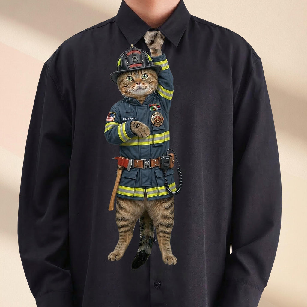 Novelty necktie featuring a tabby cat dressed as a firefighter, wearing a protective helmet, a blue uniform with reflective strips, and equipped with a small axe and radio