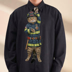 Novelty necktie featuring a tabby cat dressed as a firefighter, wearing a protective helmet, a blue uniform with reflective strips, and equipped with a small axe and radio