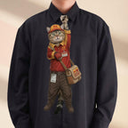 Novelty necktie featuring a tabby cat dressed as a food delivery worker in a red and yellow 'Cat & Go Delivery' uniform, complete with a matching cap, name tag, and delivery bag