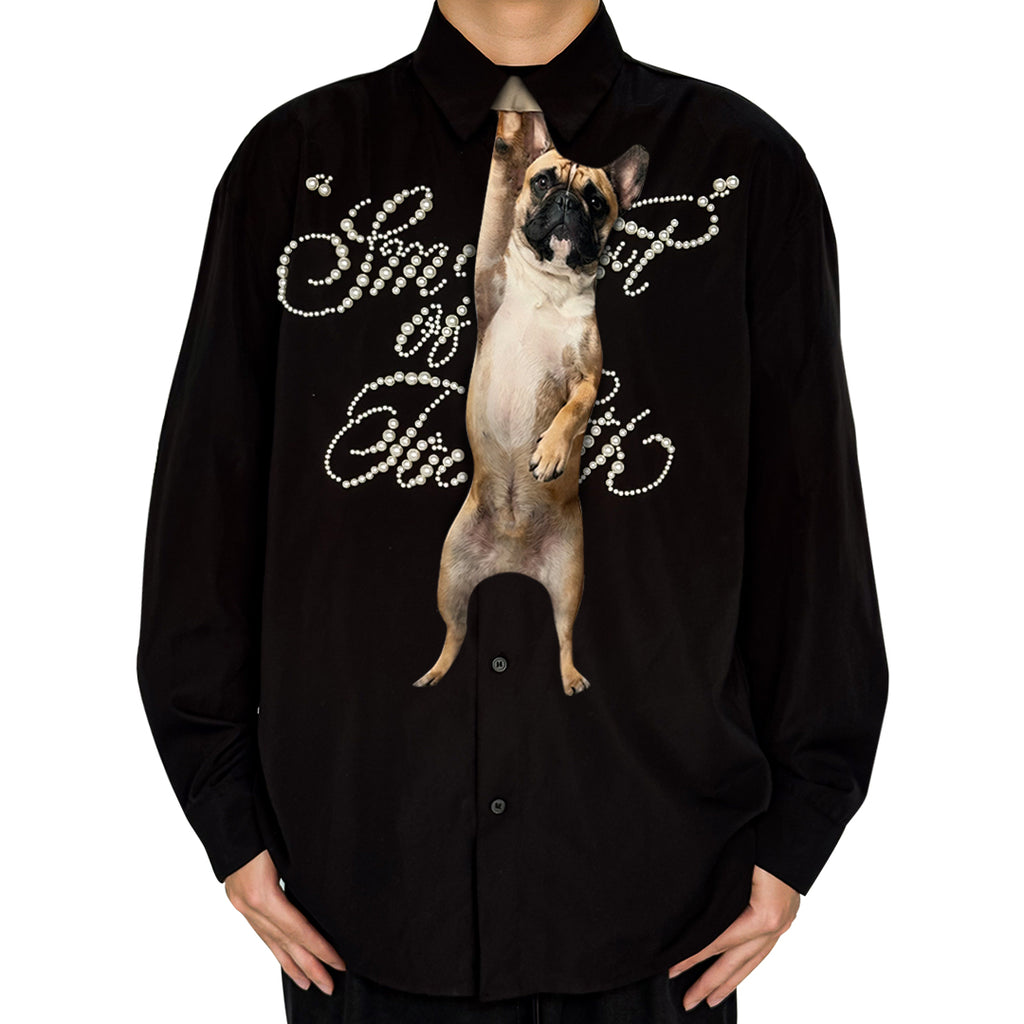 Novelty necktie featuring a realistic hanging French Bulldog design, a fun and unique fashion accessory.