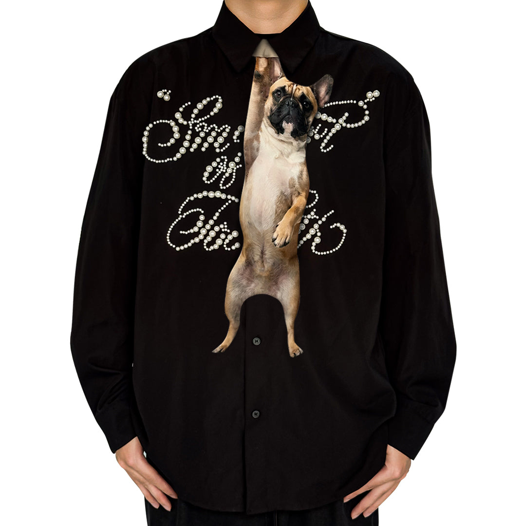 Novelty necktie featuring a realistic hanging French Bulldog design, a fun and unique fashion accessory.