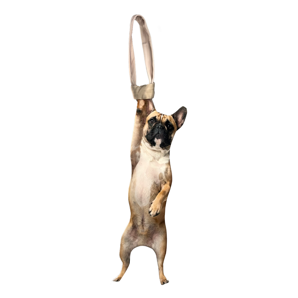 Novelty necktie featuring a realistic hanging French Bulldog design, a fun and unique fashion accessory.