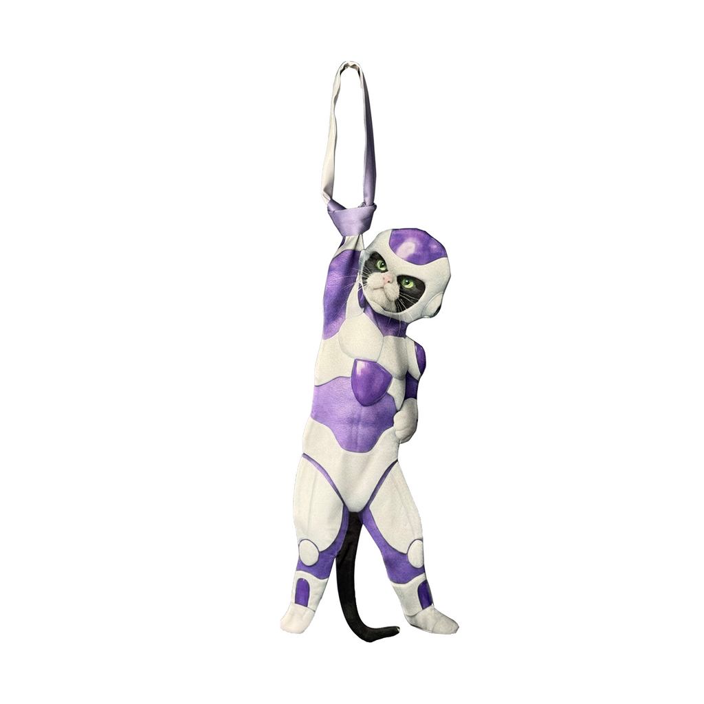 Novelty necktie featuring a creative illustration of a cat cosplaying as Frieza from Dragon Ball, wearing his iconic purple and white armor, a fun and unique fashion accessory for anime fans
