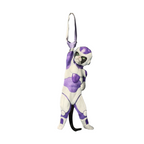 Novelty necktie featuring a creative illustration of a cat cosplaying as Frieza from Dragon Ball, wearing his iconic purple and white armor, a fun and unique fashion accessory for anime fans