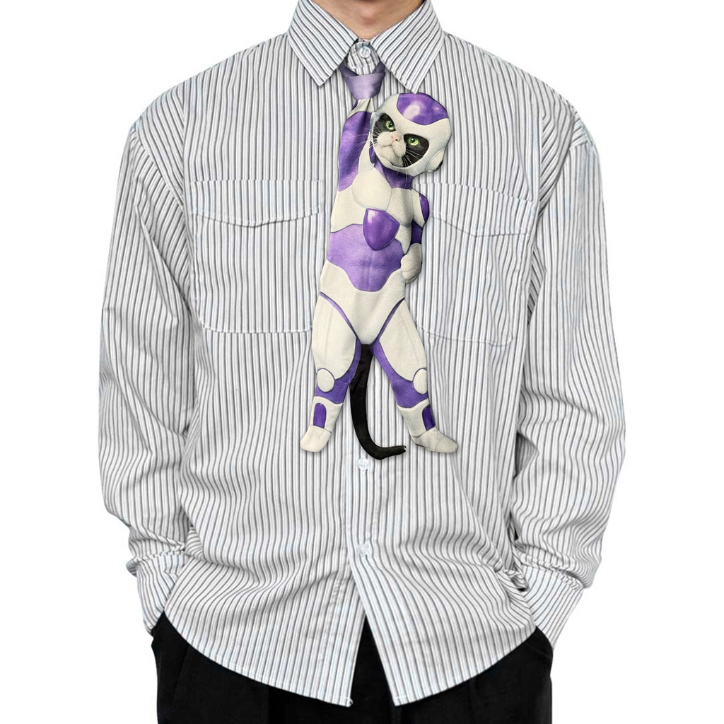 Novelty necktie featuring a creative illustration of a cat cosplaying as Frieza from Dragon Ball, wearing his iconic purple and white armor, a fun and unique fashion accessory for anime fans
