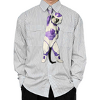 Novelty necktie featuring a creative illustration of a cat cosplaying as Frieza from Dragon Ball, wearing his iconic purple and white armor, a fun and unique fashion accessory for anime fans