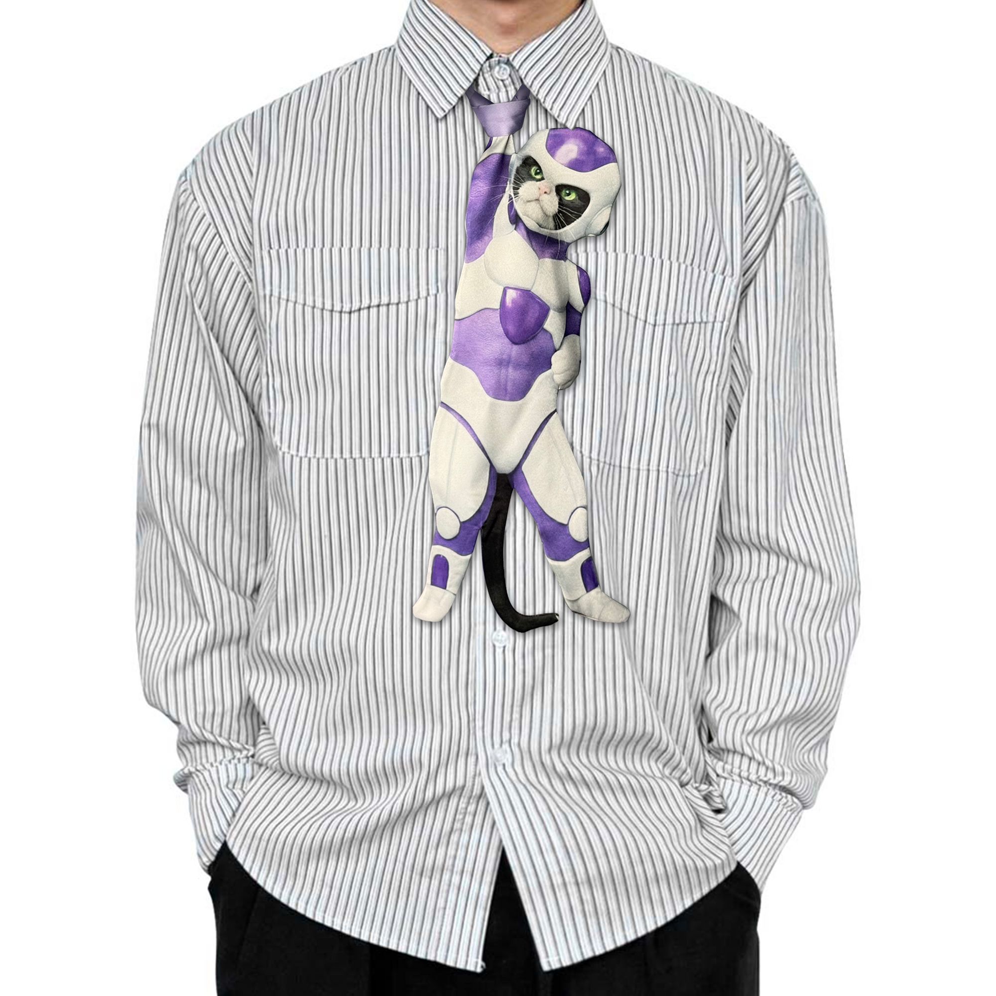 Novelty necktie featuring a creative illustration of a cat cosplaying as Frieza from Dragon Ball, wearing his iconic purple and white armor, a fun and unique fashion accessory for anime fans
