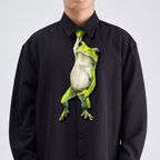 Novelty necktie featuring a realistic green frog design hanging down, a fun and unique fashion accessory.