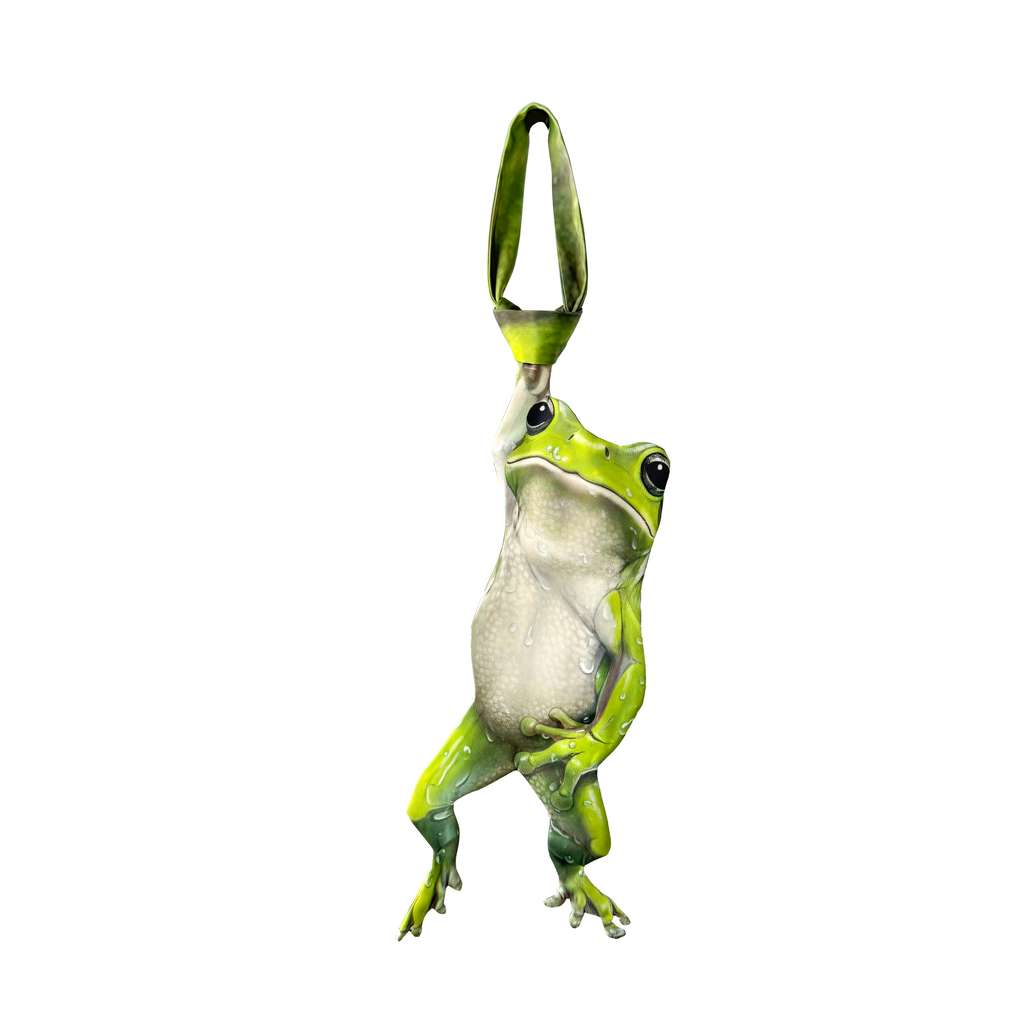 Novelty necktie featuring a realistic green frog design hanging down, a fun and unique fashion accessory.
