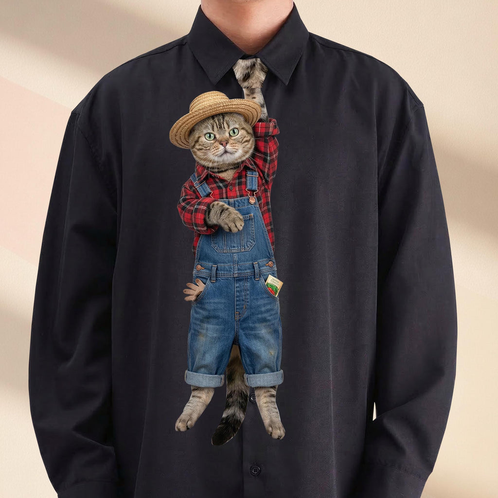 Novelty necktie featuring a tabby cat dressed as a gardener, wearing blue denim overalls, a red and black plaid shirt, and a straw hat