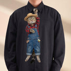 Novelty necktie featuring a tabby cat dressed as a gardener, wearing blue denim overalls, a red and black plaid shirt, and a straw hat