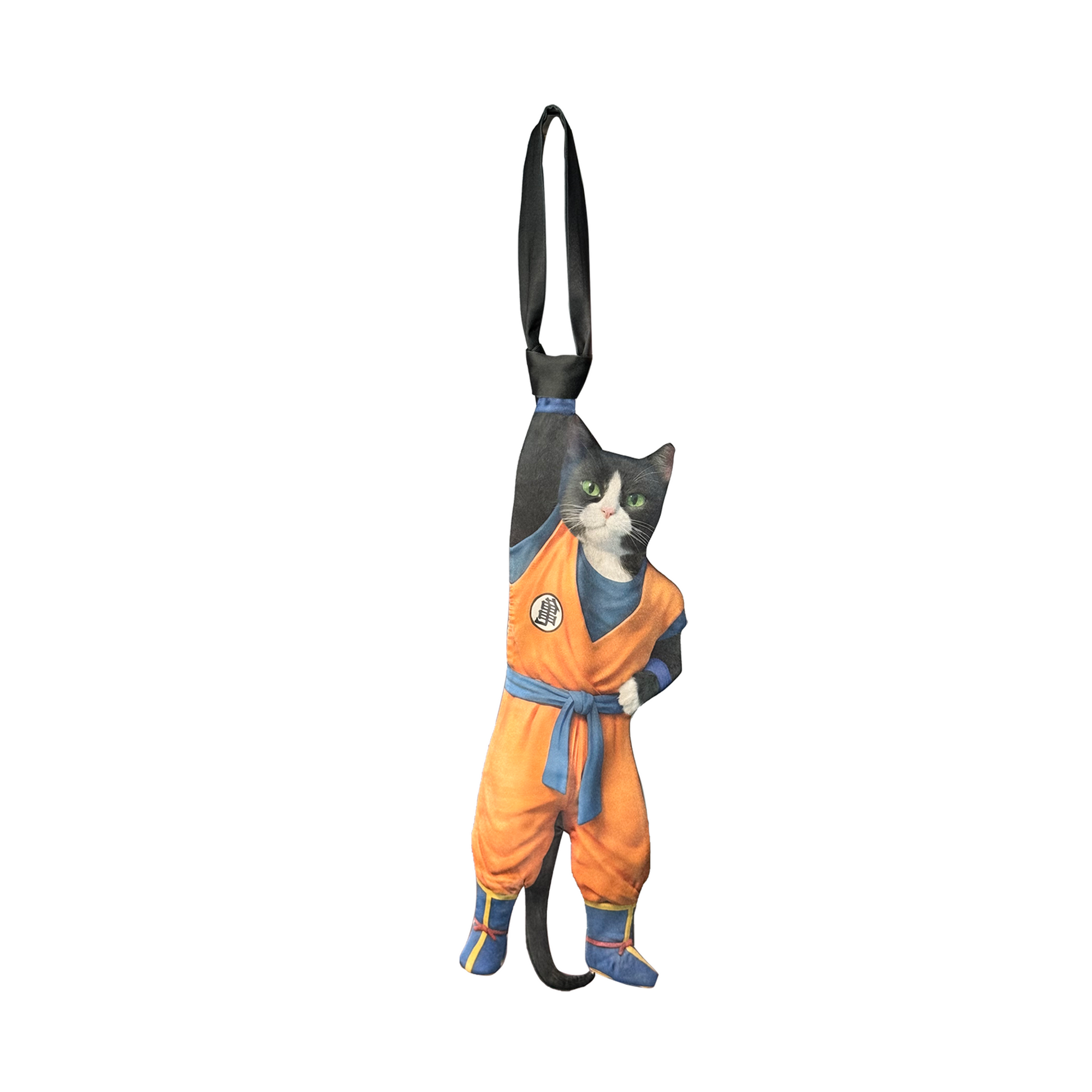 Novelty necktie featuring a creative illustration of a black and white tuxedo cat cosplaying as Goku from Dragon Ball, wearing the iconic orange gi with blue sash and boots. A unique and fun fashion accessory for anime fans.