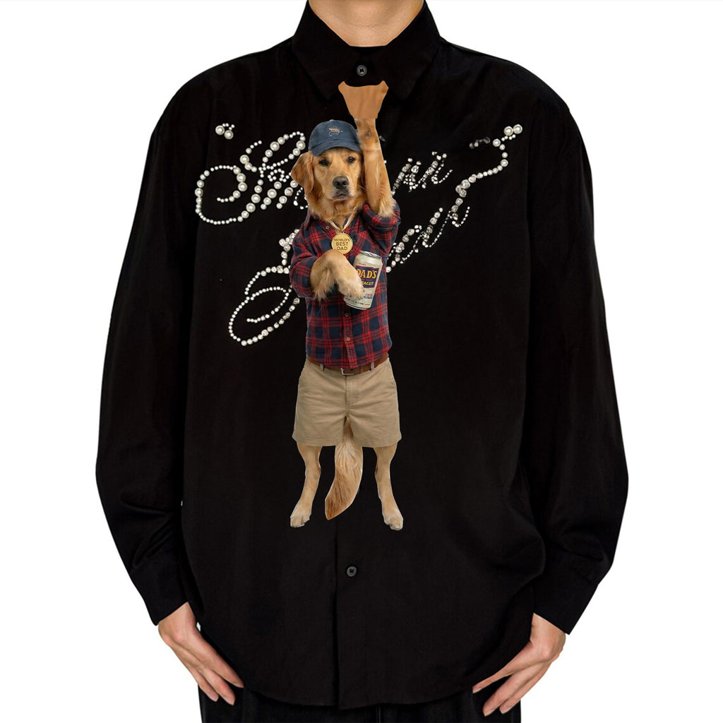 Novelty necktie featuring a Golden Retriever dog dressed in a plaid shirt, khaki shorts, and a cap, holding a drink, with a 'World's Best Dad' medallion around its neck